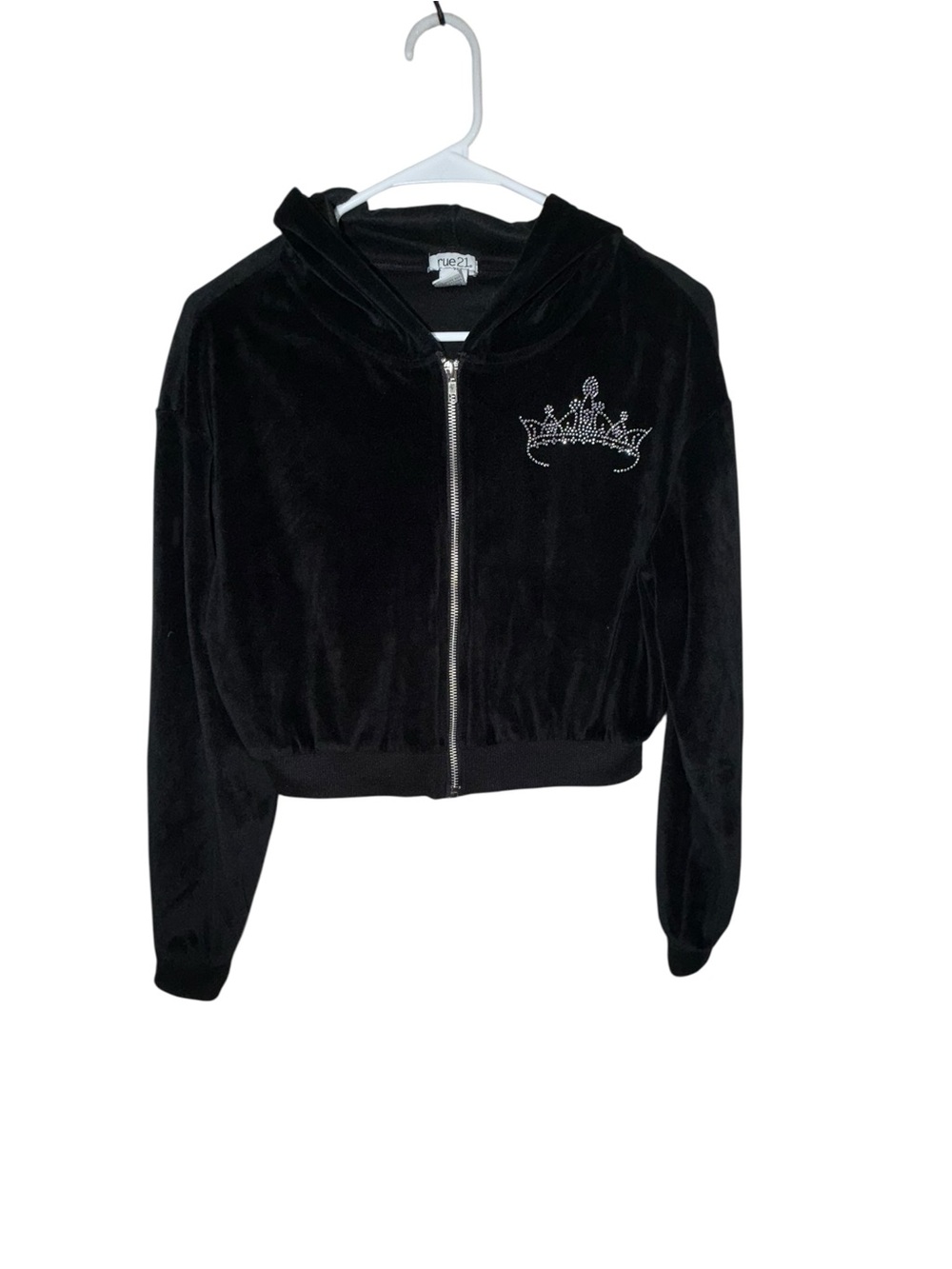 Rue21 Black Velvet Cropped Zip Hoodie with Rhinestone Crown Accent